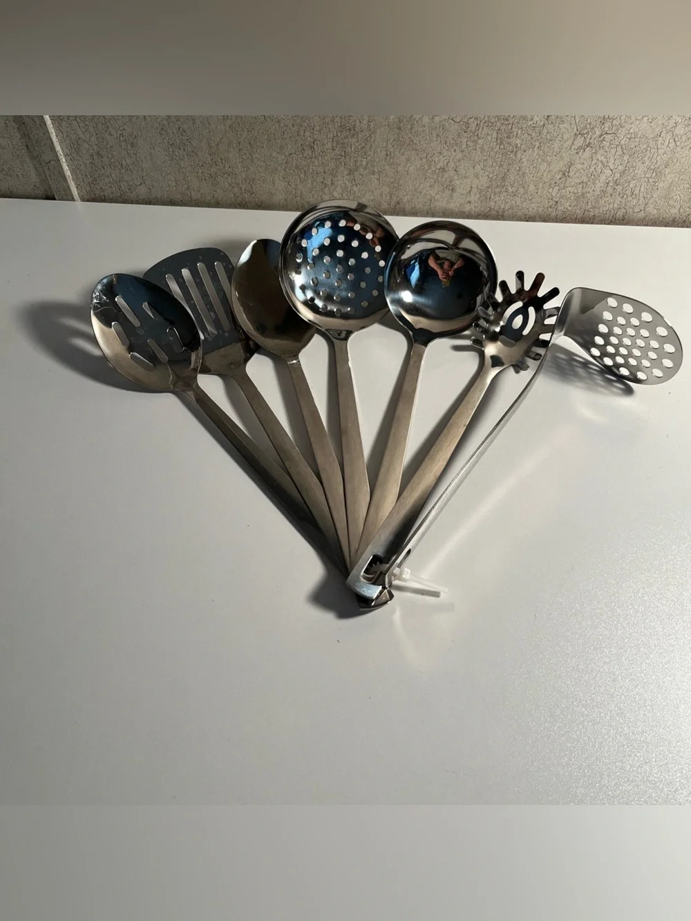 Stainless Steel Cooking Utensils Set Polished Finish Slotted, Ladle, Pasta, 7 Pc